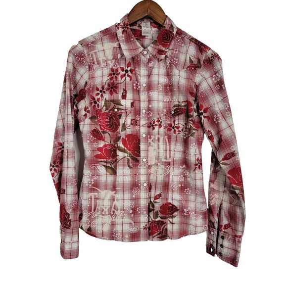 Johnny Cotton Women's Size 2 Rose Red Plaid Button Up Pearl Snaps - Picture 1 of 5